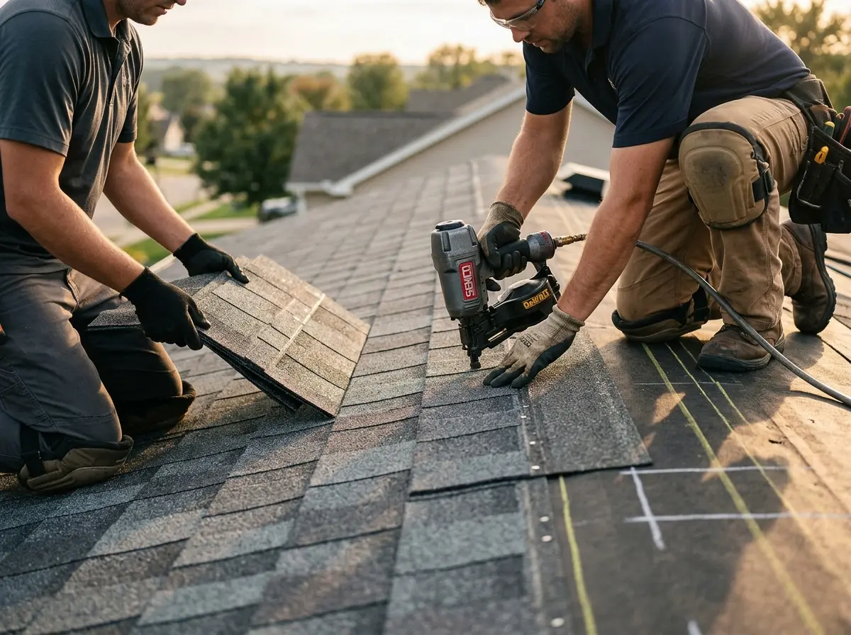 Professional roofer working on a residential roof in Downey